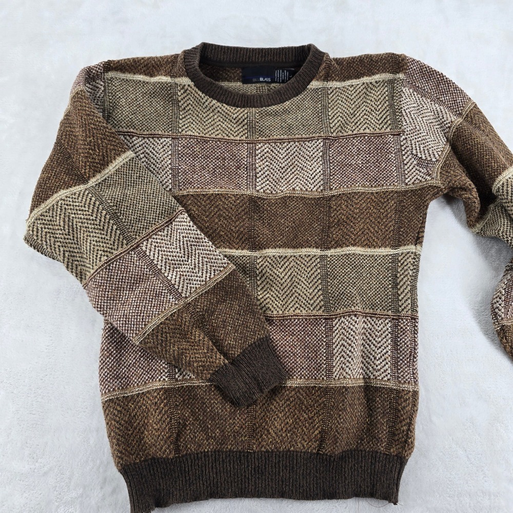 Bill Blass Mens Sweater L Brown Patchwork Herringbone Cotton Blend